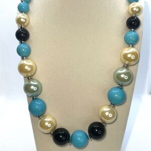 Chunky‎ Beaded Necklace Turquoise Black Cream Blue Statement Necklace